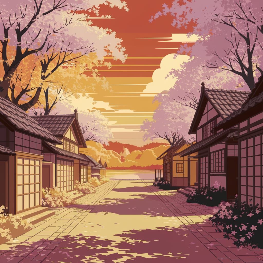 Enchanting Studio Ghibli Village Under Golden Sunset
