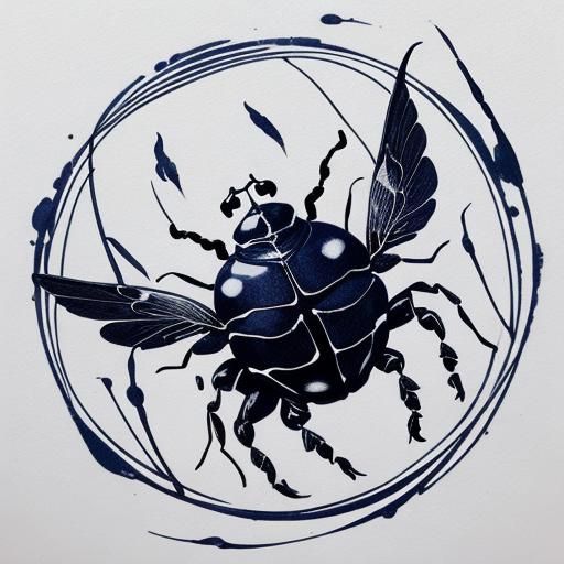 Indigo Ink Drawing: Scarab Beetle and Candle