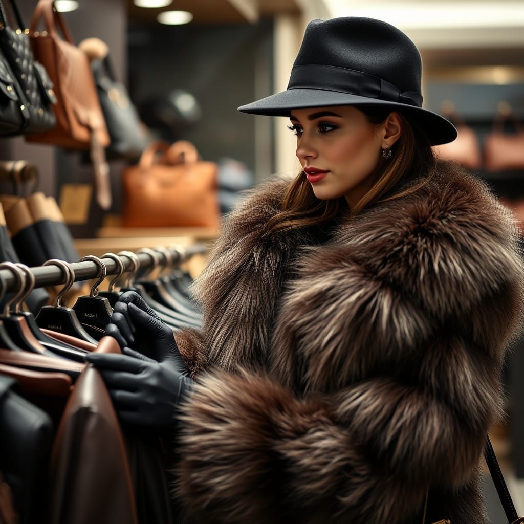 Luxurious Lady in Fur Coat Shops High-End Leather Goods