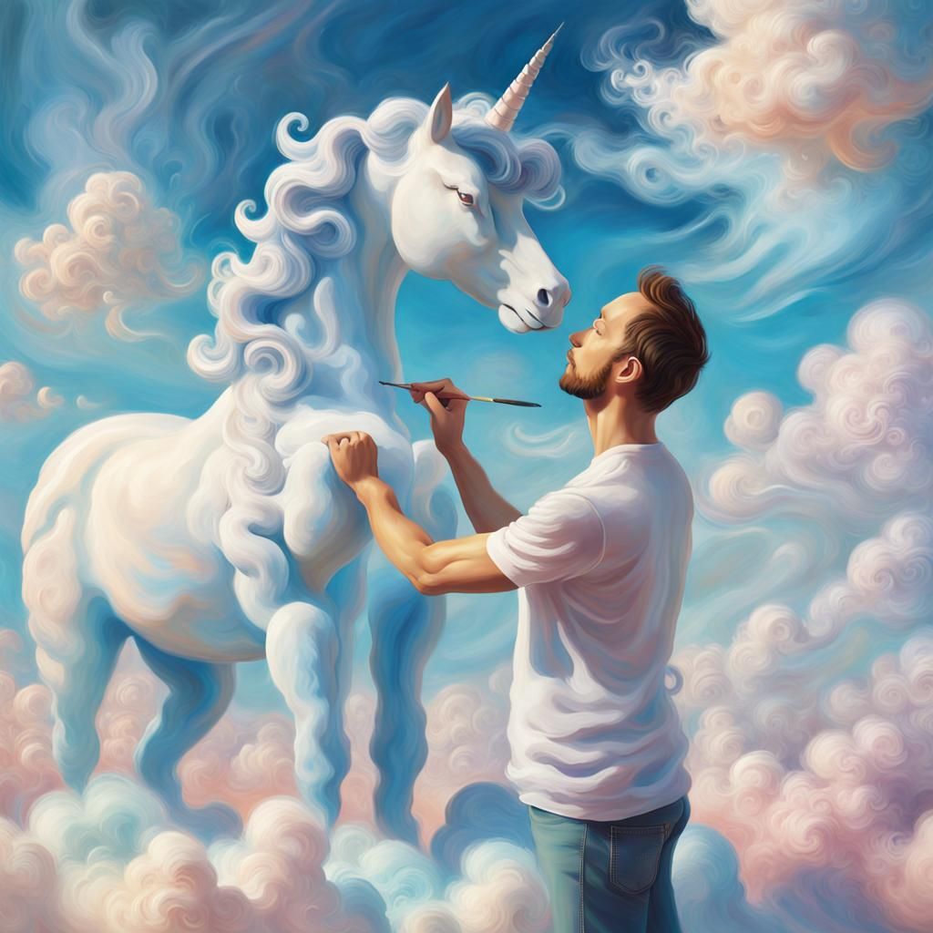 Man Sculpting Cloud Unicorn: Whimsical Digital Art