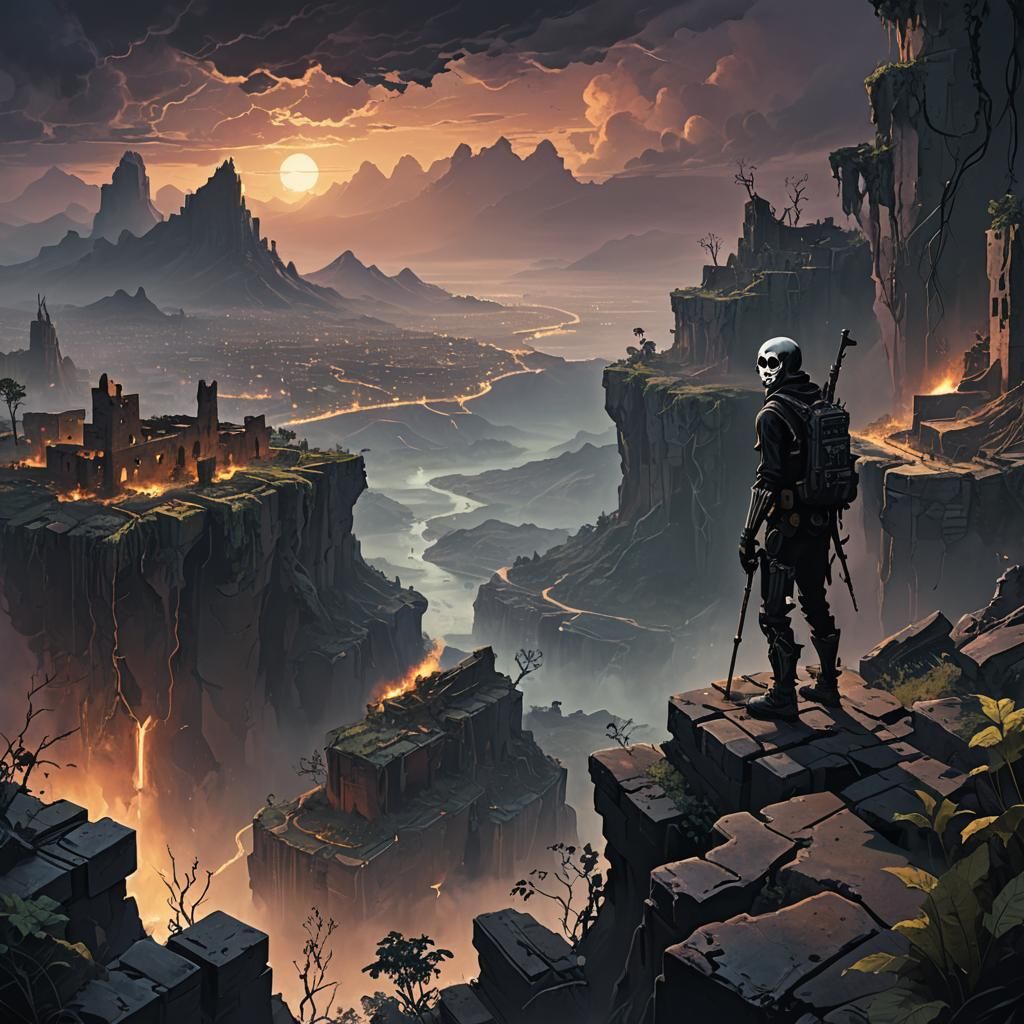 Dystopian Cityscape with Figure in Apocalyptic Setting