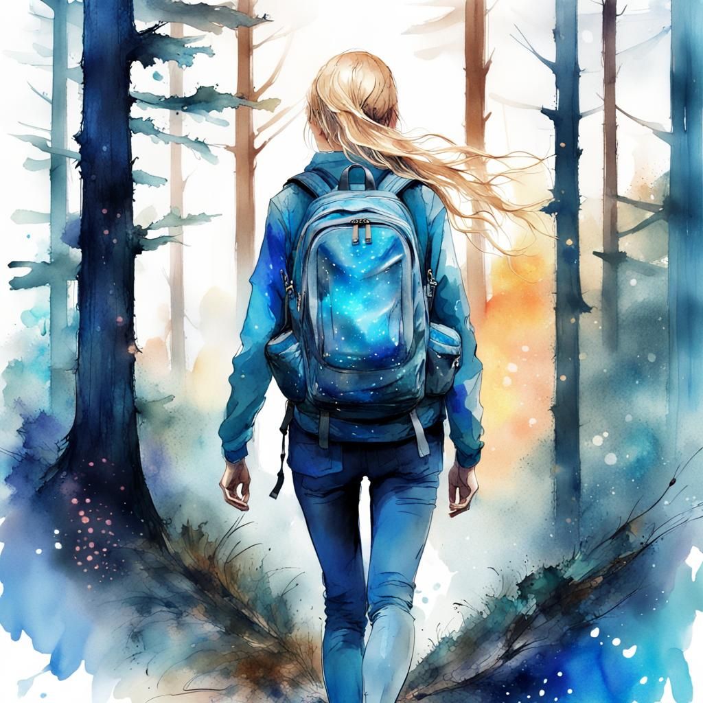Woman Hiking in Forest at Night as Watercolor Art