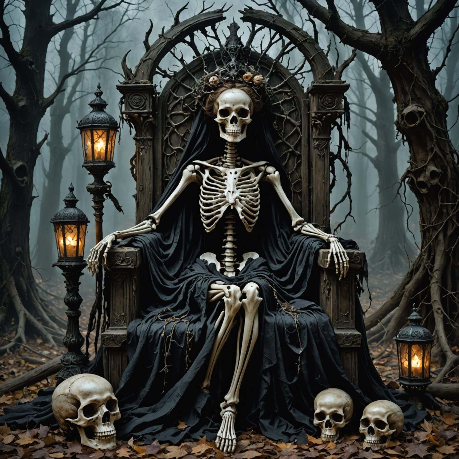 Gothic Skeleton Goddess on Root Throne