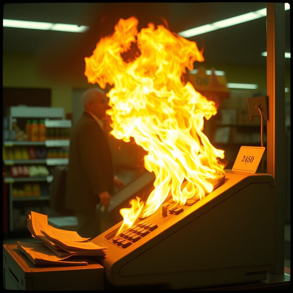 Burning Cash Register in a Supermarket Cash Station