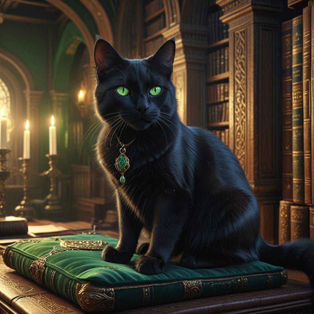 Regal Black Cat in Ancient Library: Fantasy Art
