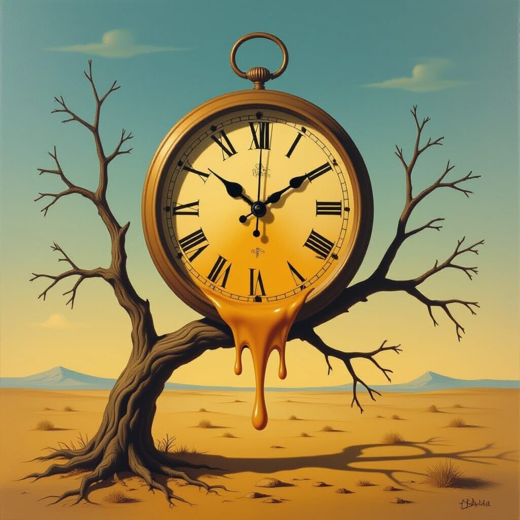 Surrealist Melting Clock Oil Painting on Barren Branch