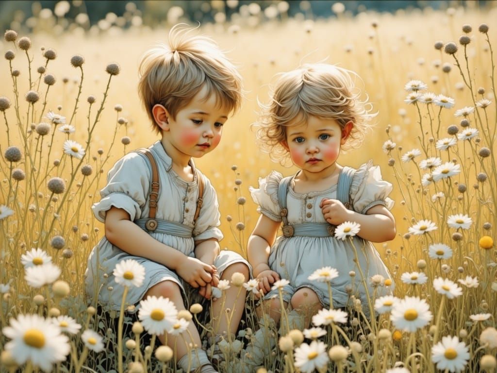 Whimsical Toddler Siblings Amidst White Wildflowers in a Del...
