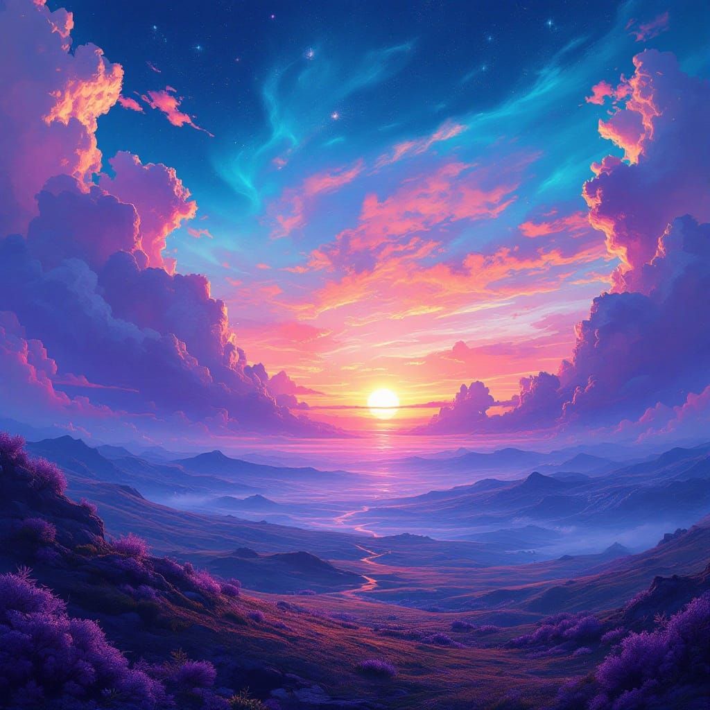 Ethereal Sunset in a Fantastical Landscape