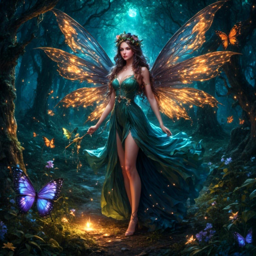 Fairy in Magical Forest at Night