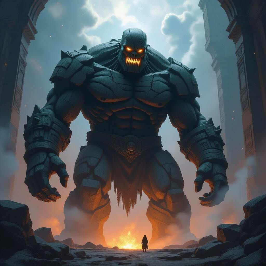 Ancient Stone Golem Guards Celestial Forge in Dark Fantasy S...