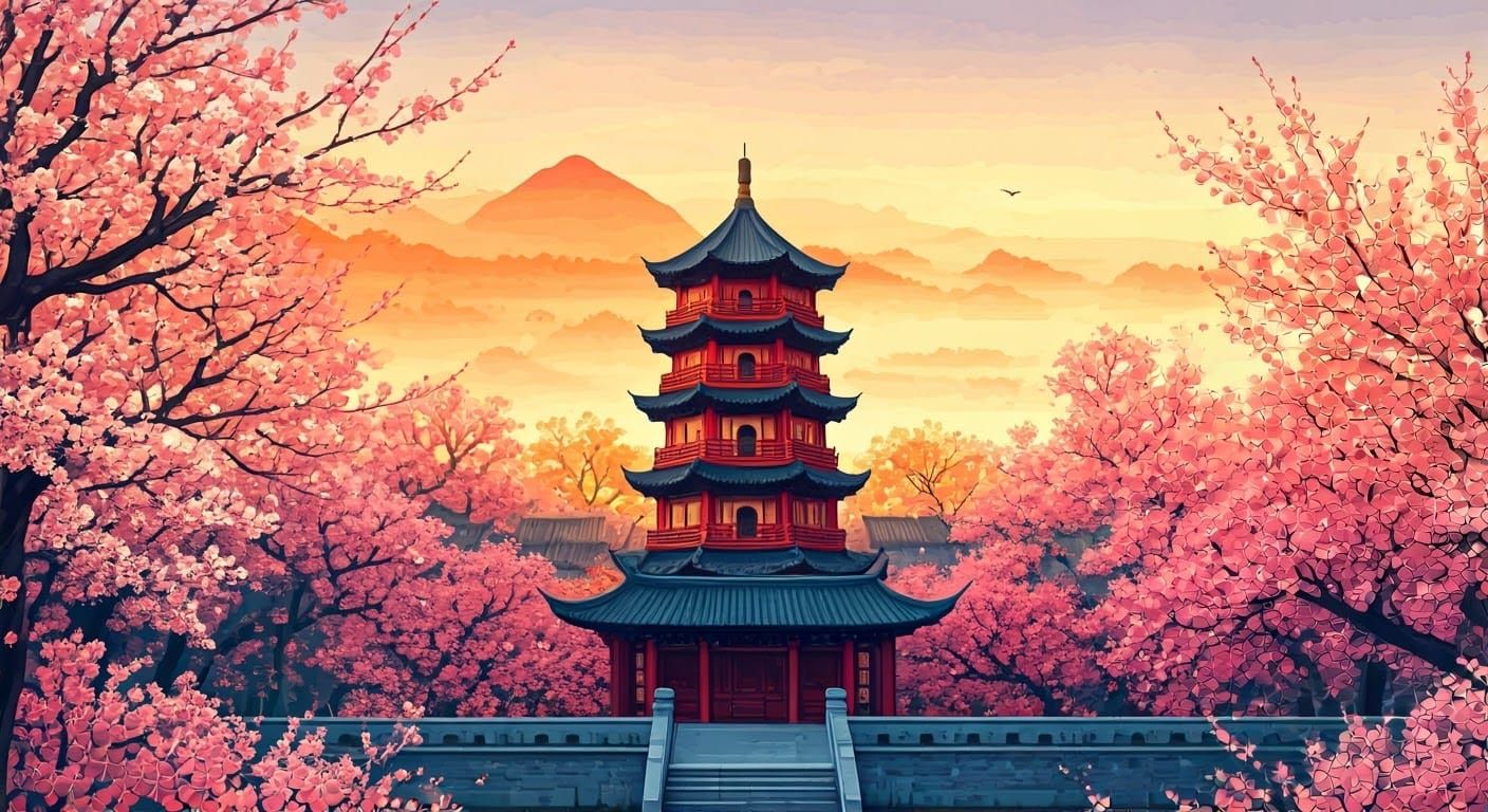 Ancient Chinese Pagoda in Watercolor Landscape
