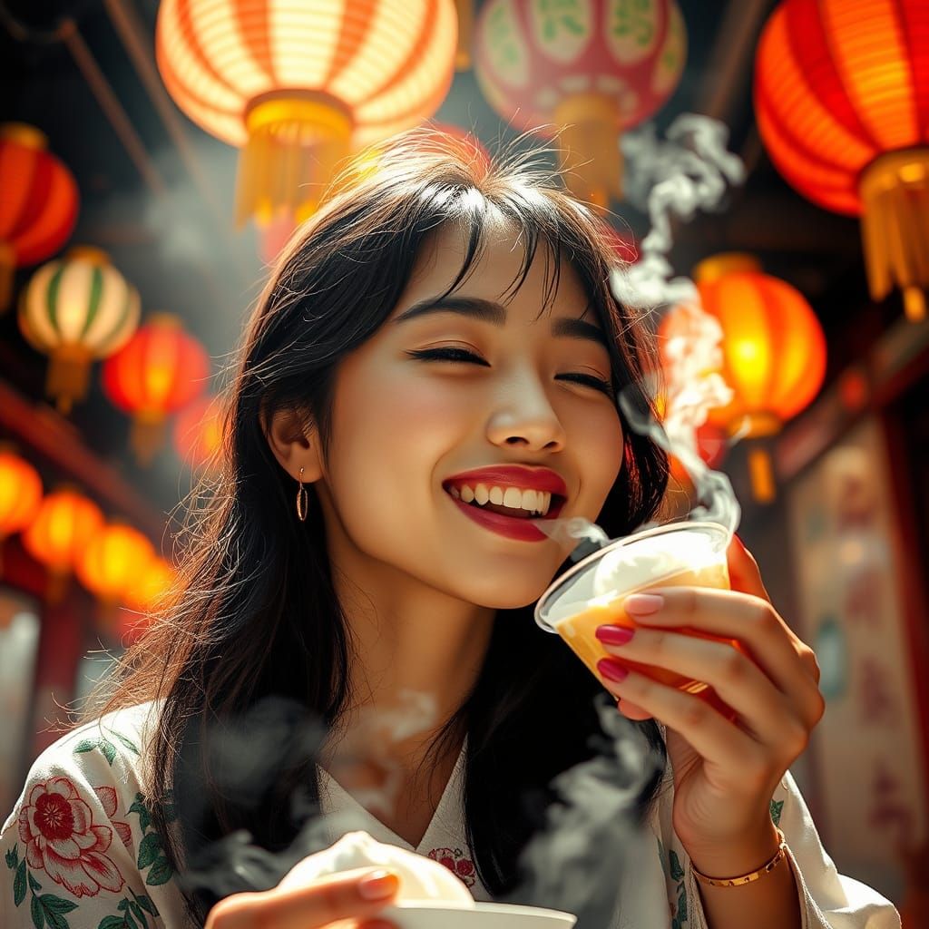 Radiant Japanese Woman Enjoys Dim Sum: Splash Art