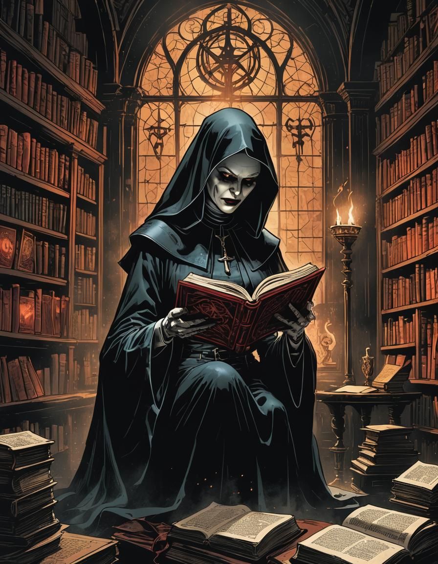 Satanic nun, flamboyant, bare midriff, alluring; reading a m...