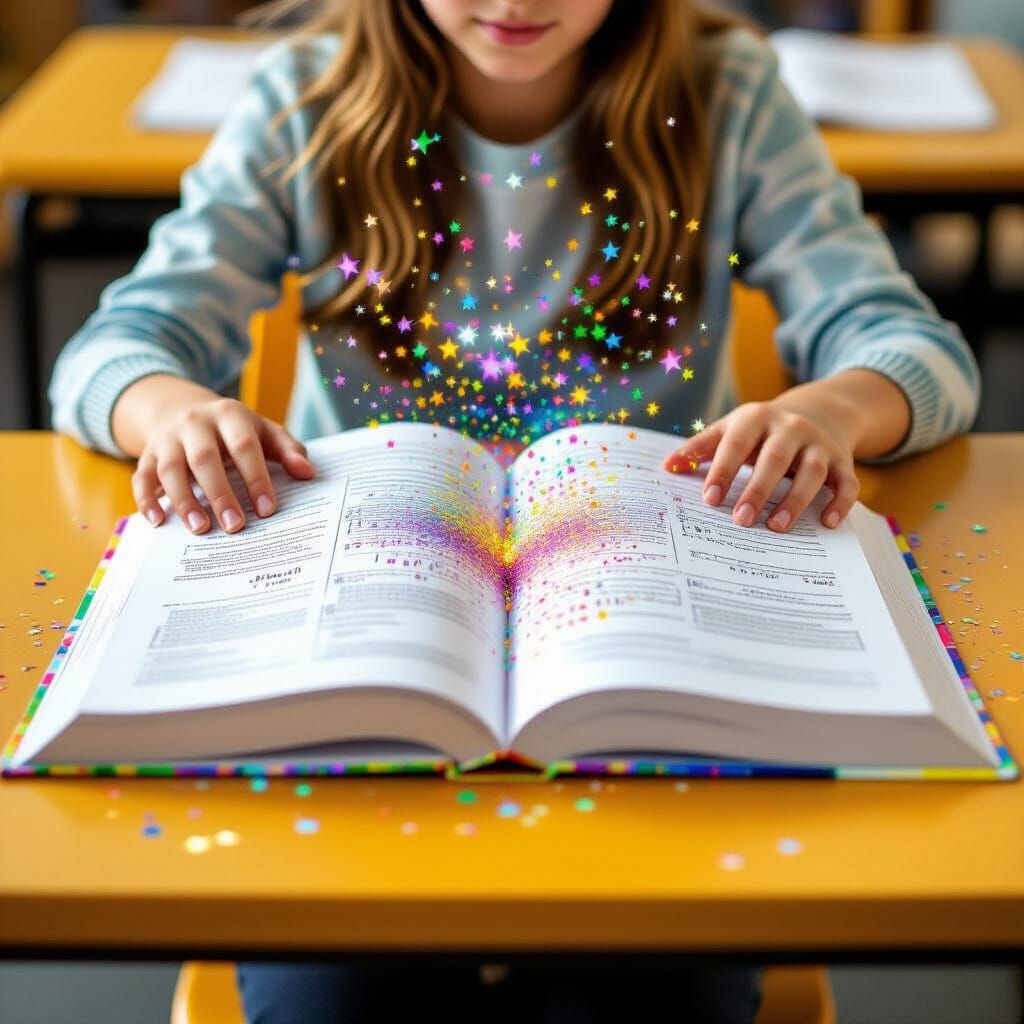 Glitter Explosion in Classroom: Hyperrealistic Concept Art