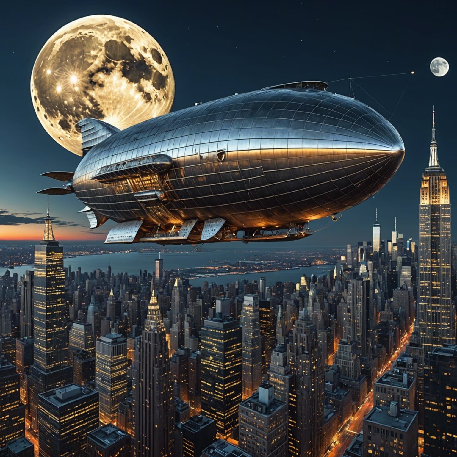 Airship Over New York City with Moon Backdrop