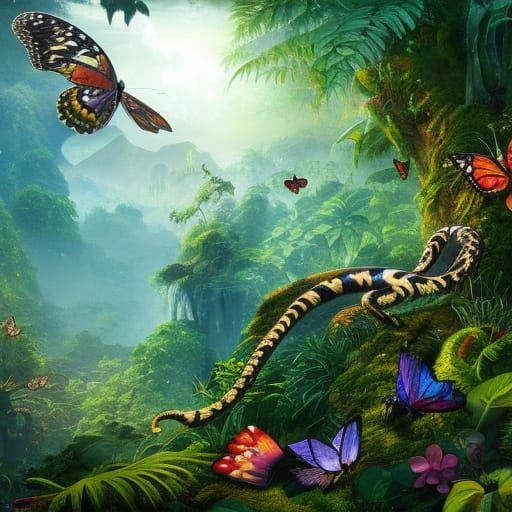 Surreal Jungle Landscape with Exotic Animals