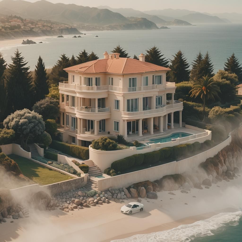 Ocean View Mansion with Ferrari in Soft Focus