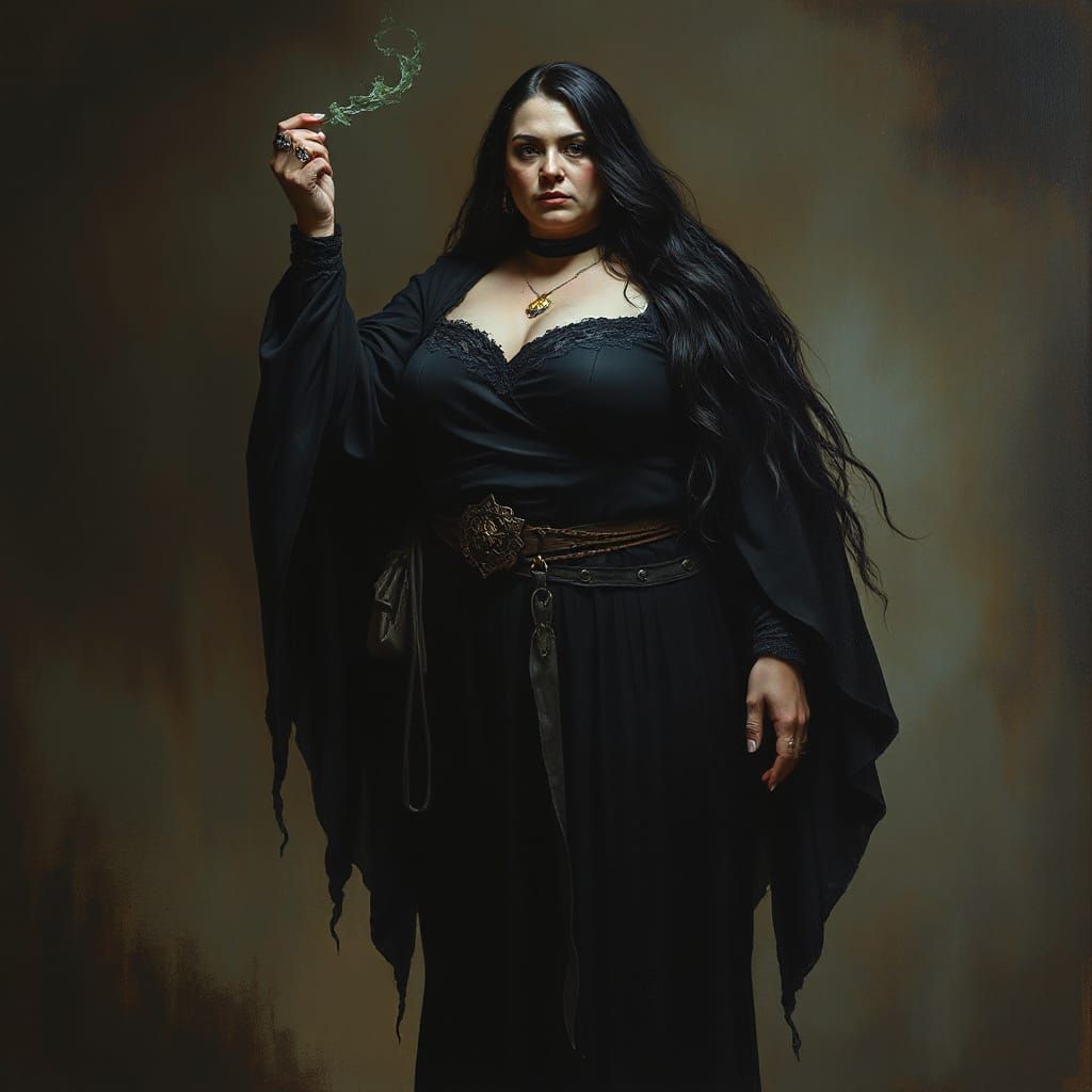 Necromancer Woman in Dark, Oil Painting Style