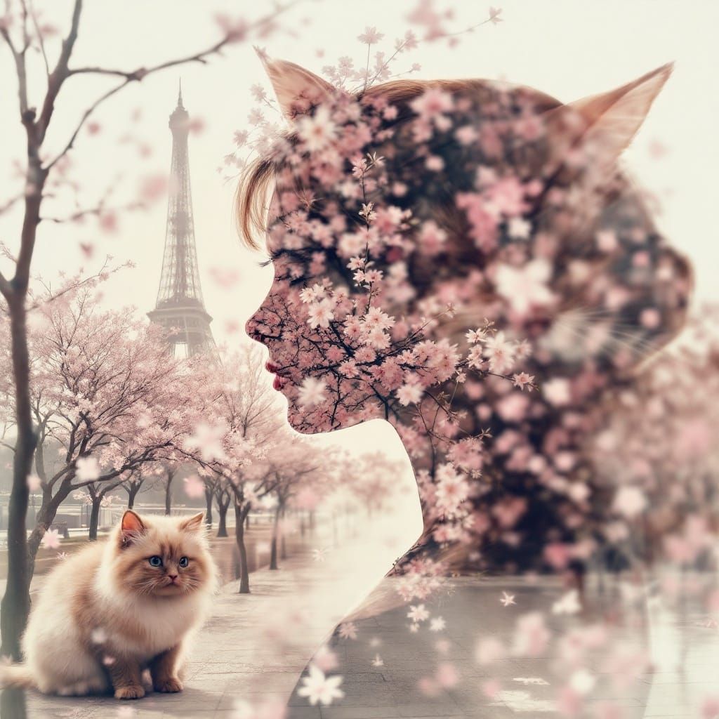 Ballerinas with Cherry Blossoms in Eiffel Tower Double Expos...