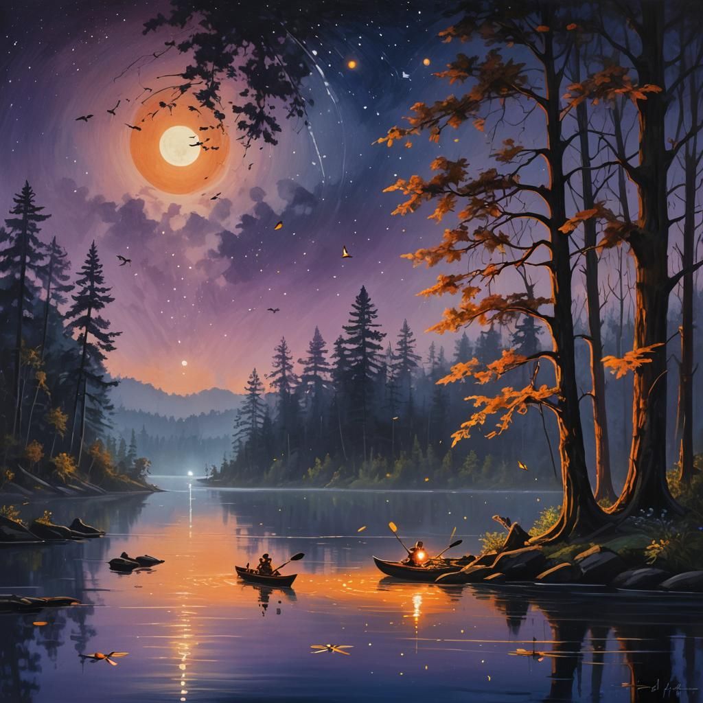 Fireflies Dance on Forest Lake in Dreamlike Oil Painting