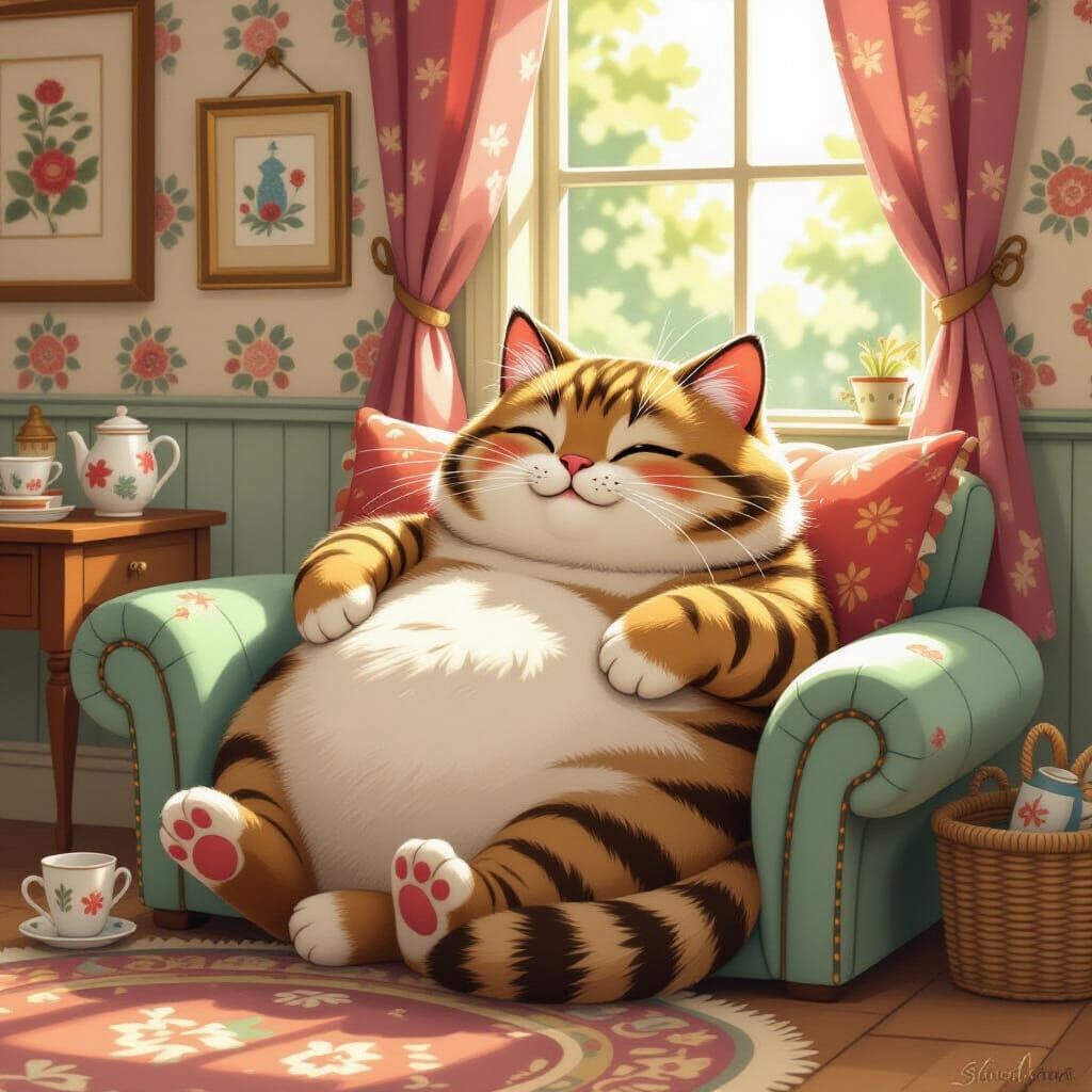 Chubby Cat Lounging in Cozy Whimsical Watercolor Style