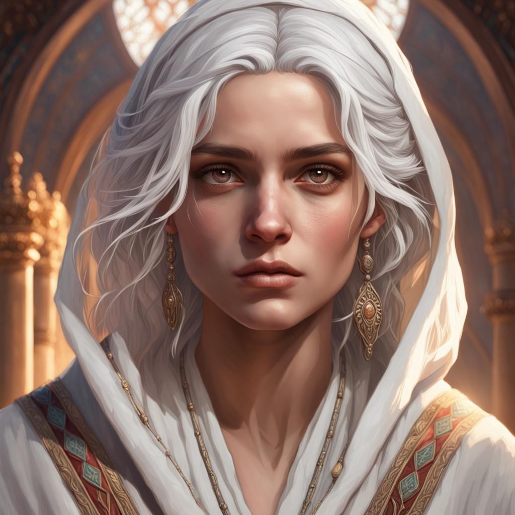 White-Haired Roma Woman Portrait in Digital Art Style