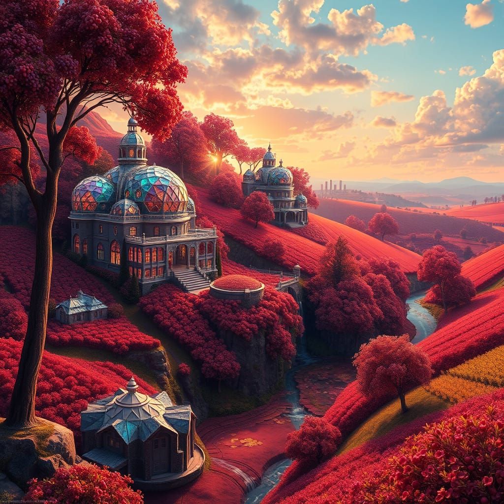 Ethereal Diamond Mansions in a Vibrant, Kaleidoscopic Landsc...