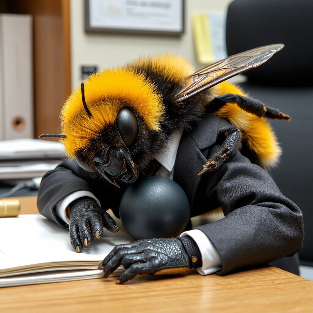Bumblebee in Suit Sleeping at Office Desk