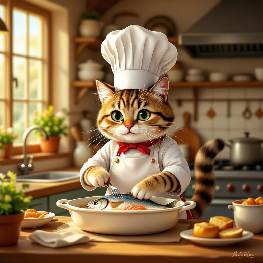 Whimsical Cat Chef Preparing Fish in Cozy Kitchen
