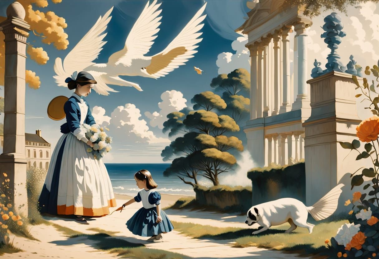 Surreal Beach Scene with Mermaid and Dog in Exaggerated Prop...