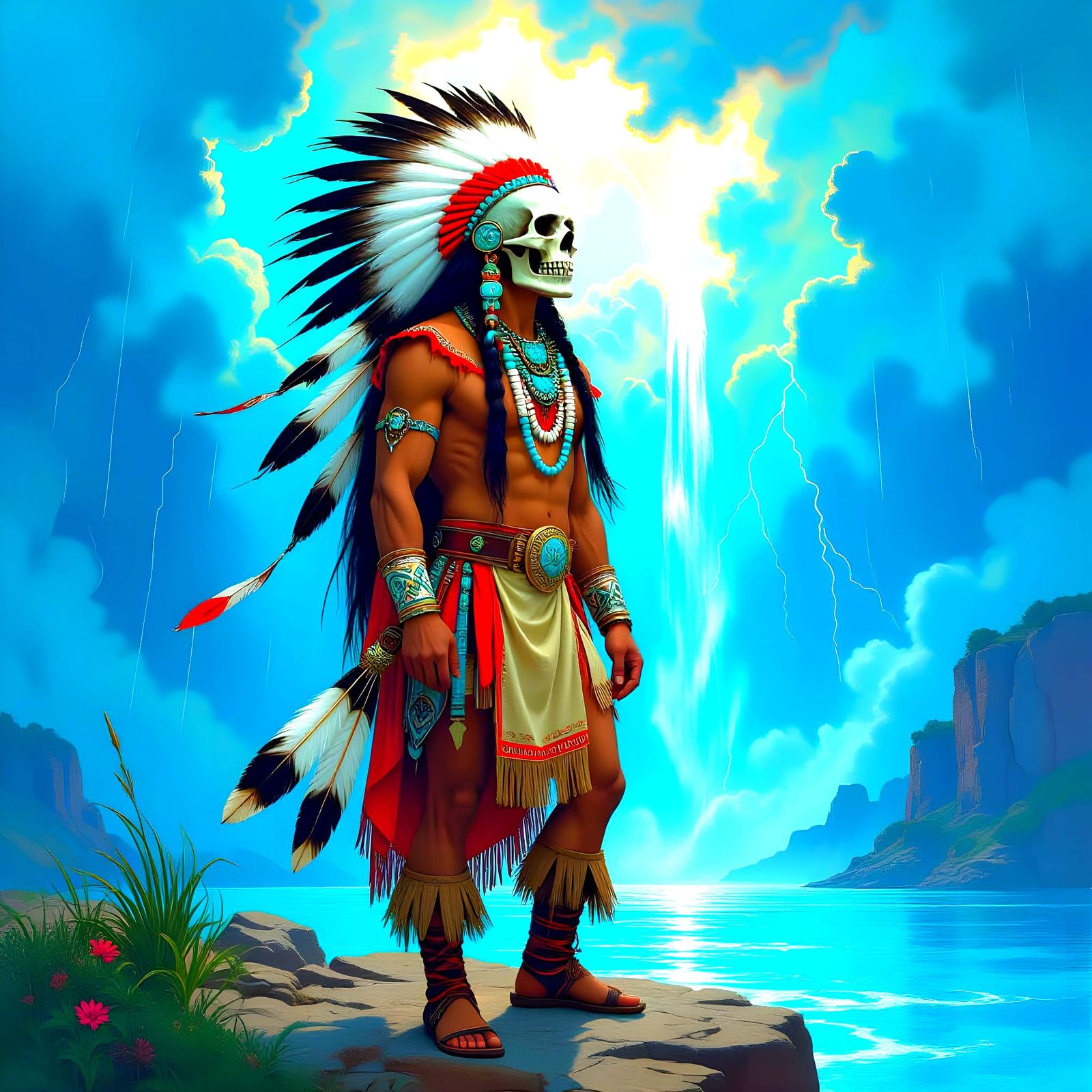 Native American Skull Warrior in Art Nouveau Style