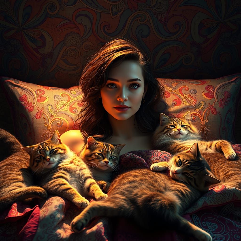 Woman Surrounded by Cats in Vibrant, Triadic Harmony