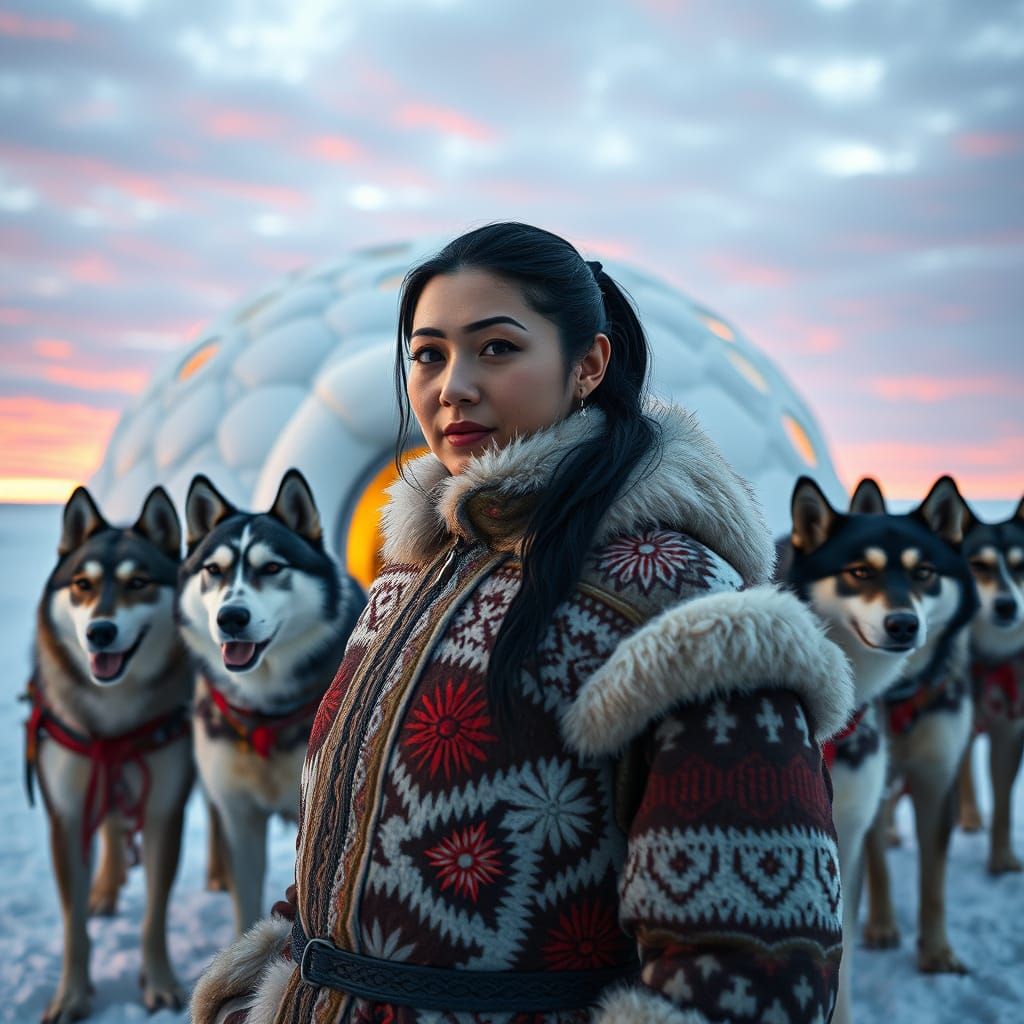 Inuit Woman in Traditional Regalia, Standing Proud in the Ar...