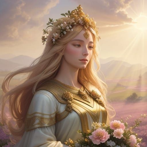 Divine Goddess Portrait Surrounded by Blooming Flowers