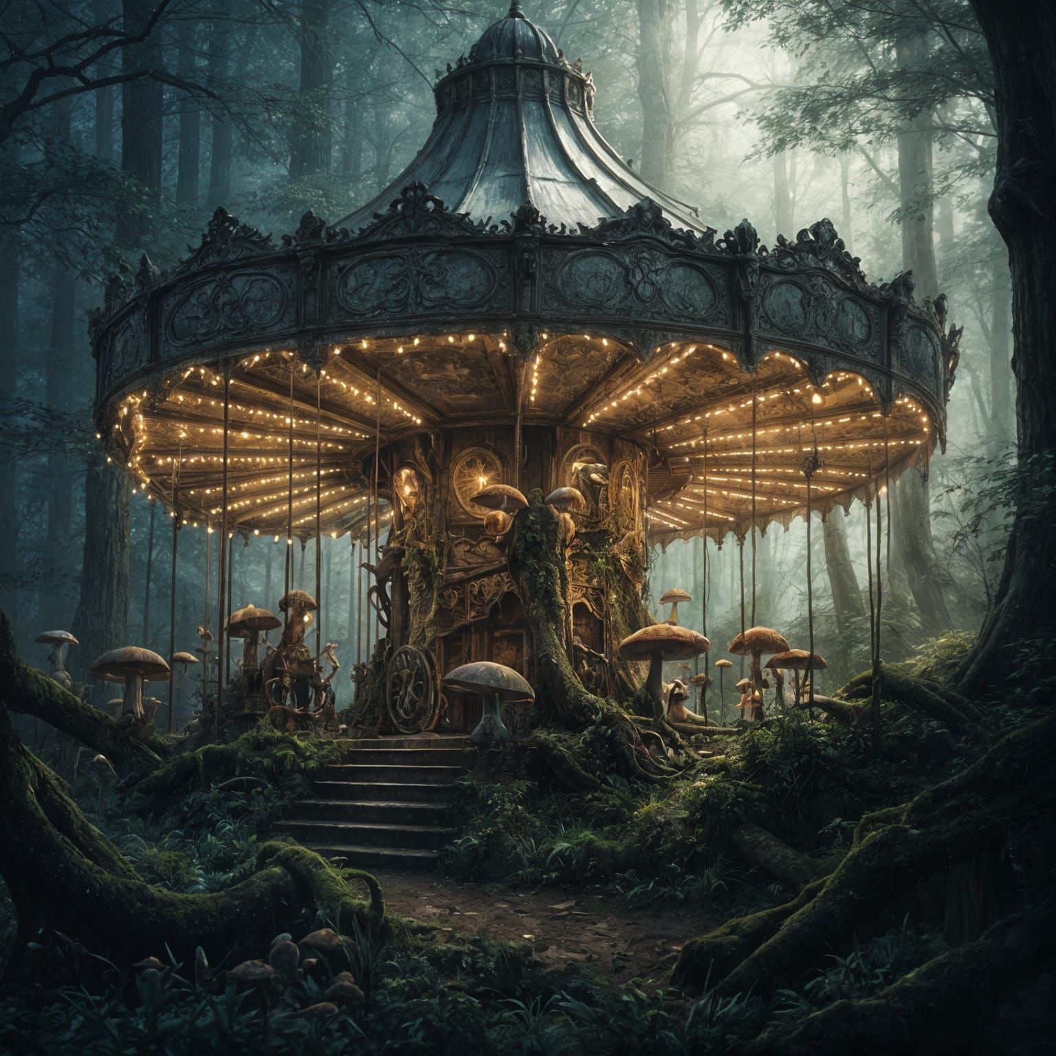 Mystical Forest Carousel in Ethereal Moonlight