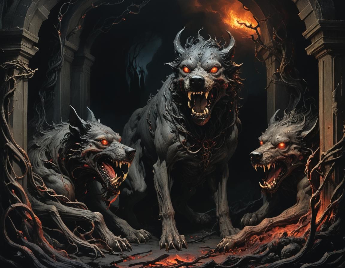 Cerberus Guards the Gates of Hell in Etching Style
