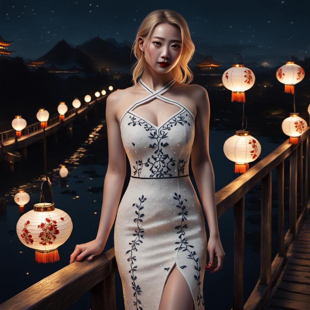 Beautiful Freckled Girl in Embroidered Dress at Night