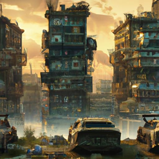 Post-Apocalyptic Cityscape: Crumbling Buildings and Overgrow...