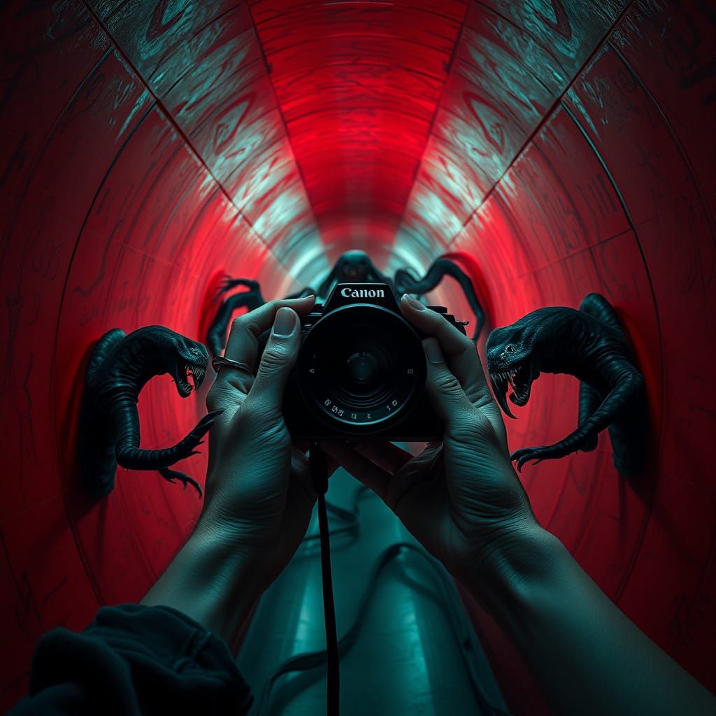 Woman Peers into the Abyss of a Crimson Tube in a Hyperreali...