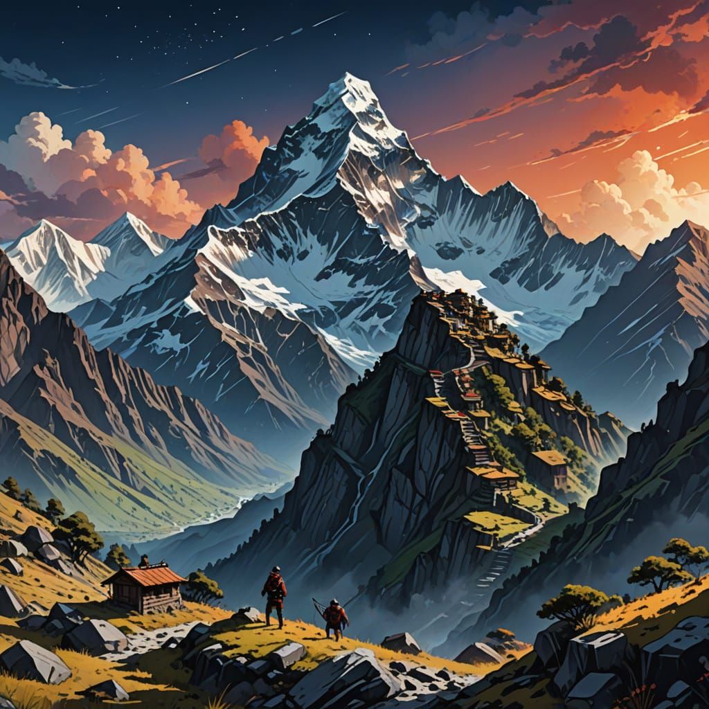 Epic Anime Himalayas Masterpiece in Impasto Gouache Style