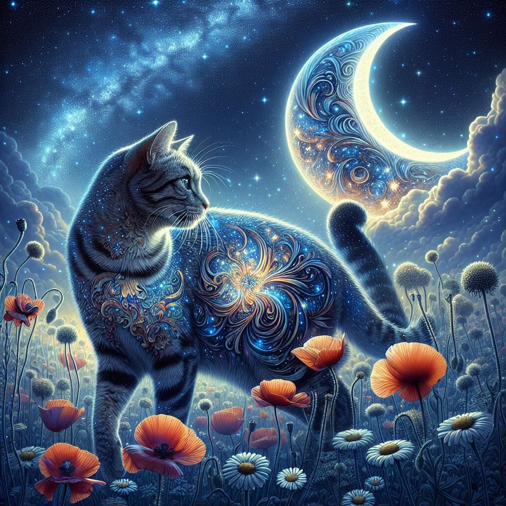 Tabby Cat with Galaxy Coat in Popppy Meadow at Twilight