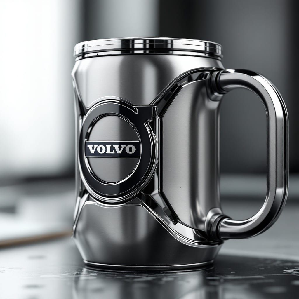 Luxury Titanium Coffee Mug with Volvo Emblem in Photorealist...