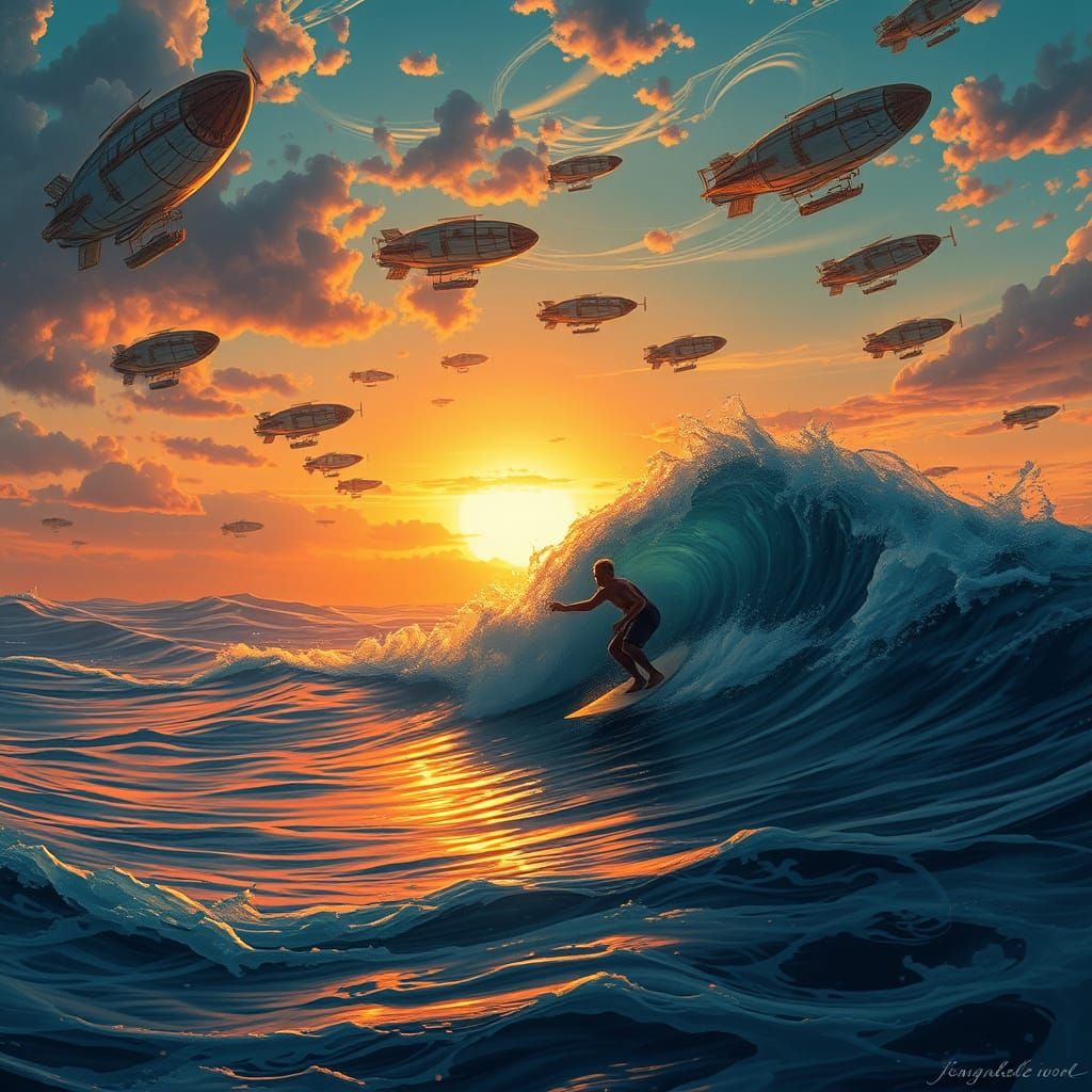 Surfer Rides Colossal Wave Under Steampunk Dirigible Sky