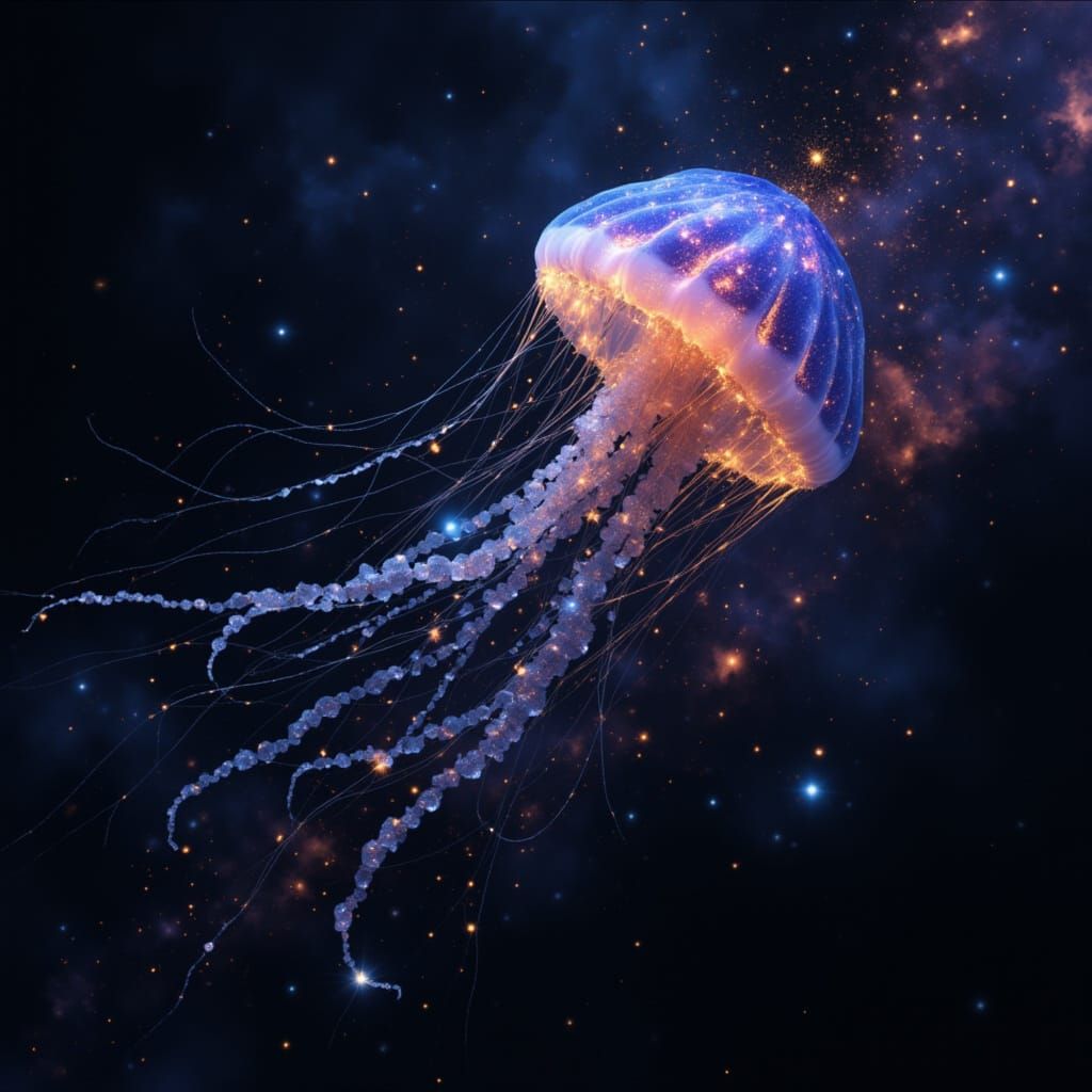Colossal Bioluminescent Jellyfish in Deep Space