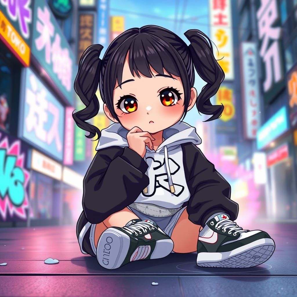 Chibi Girl in Tokyo Streetwear Style Digital Painting