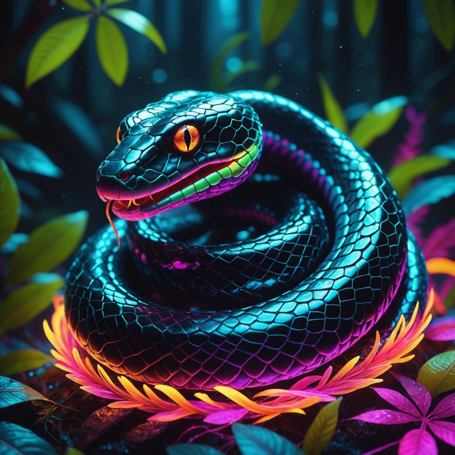 Neon Bioluminescent Snake in a Paradise Jungle