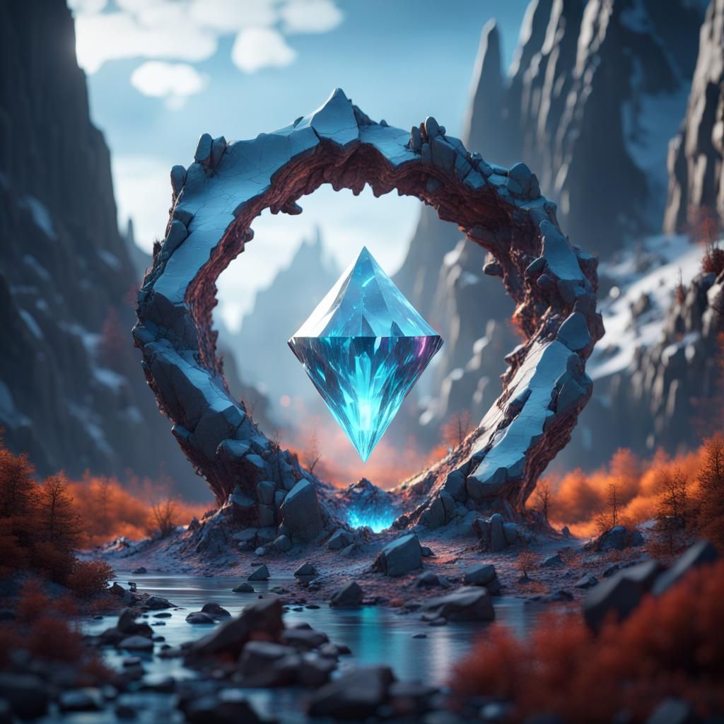 Dimensional Crystal Portal Shatters in Mountain Landscape