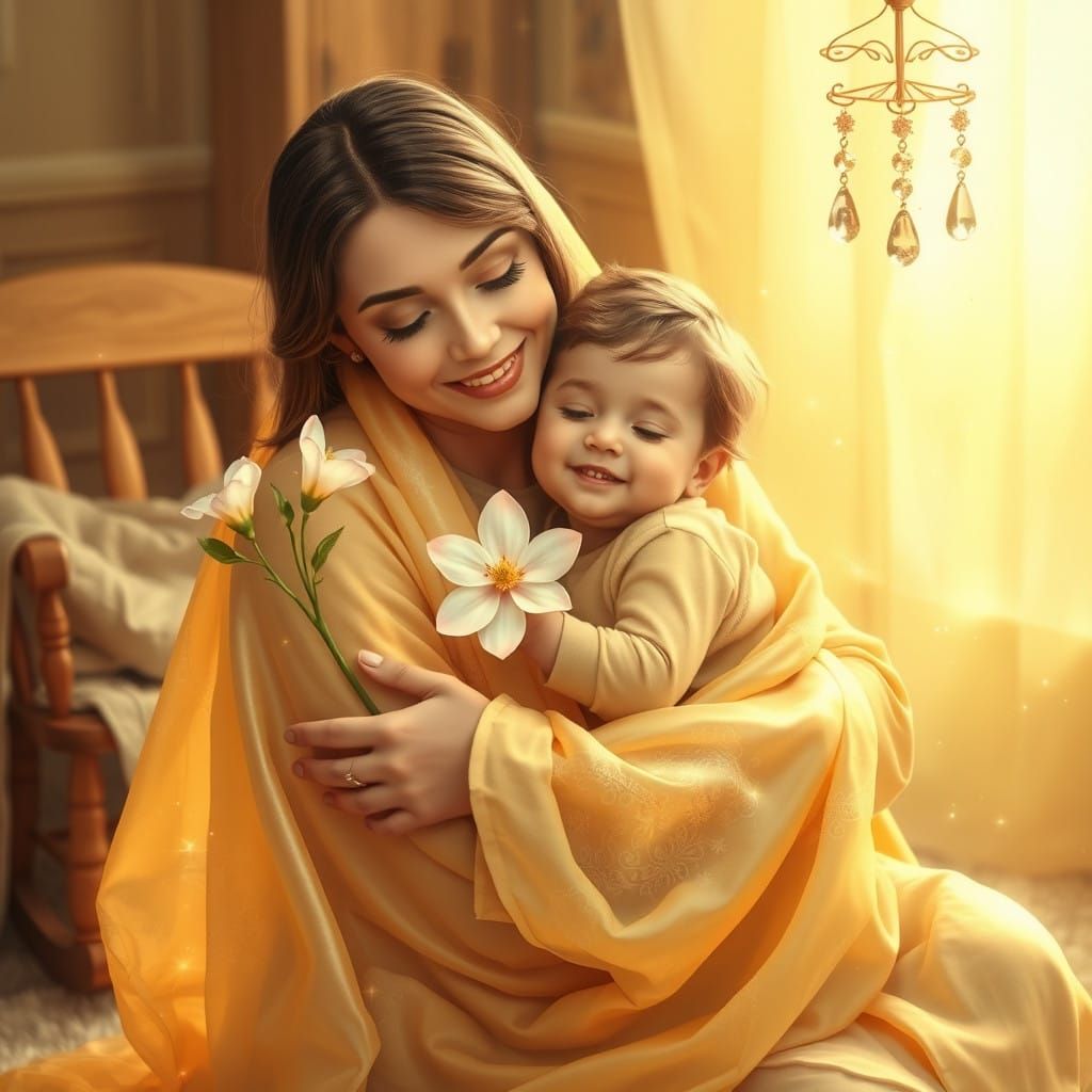 Mother's Warm Embrace in Radiant Golden Light