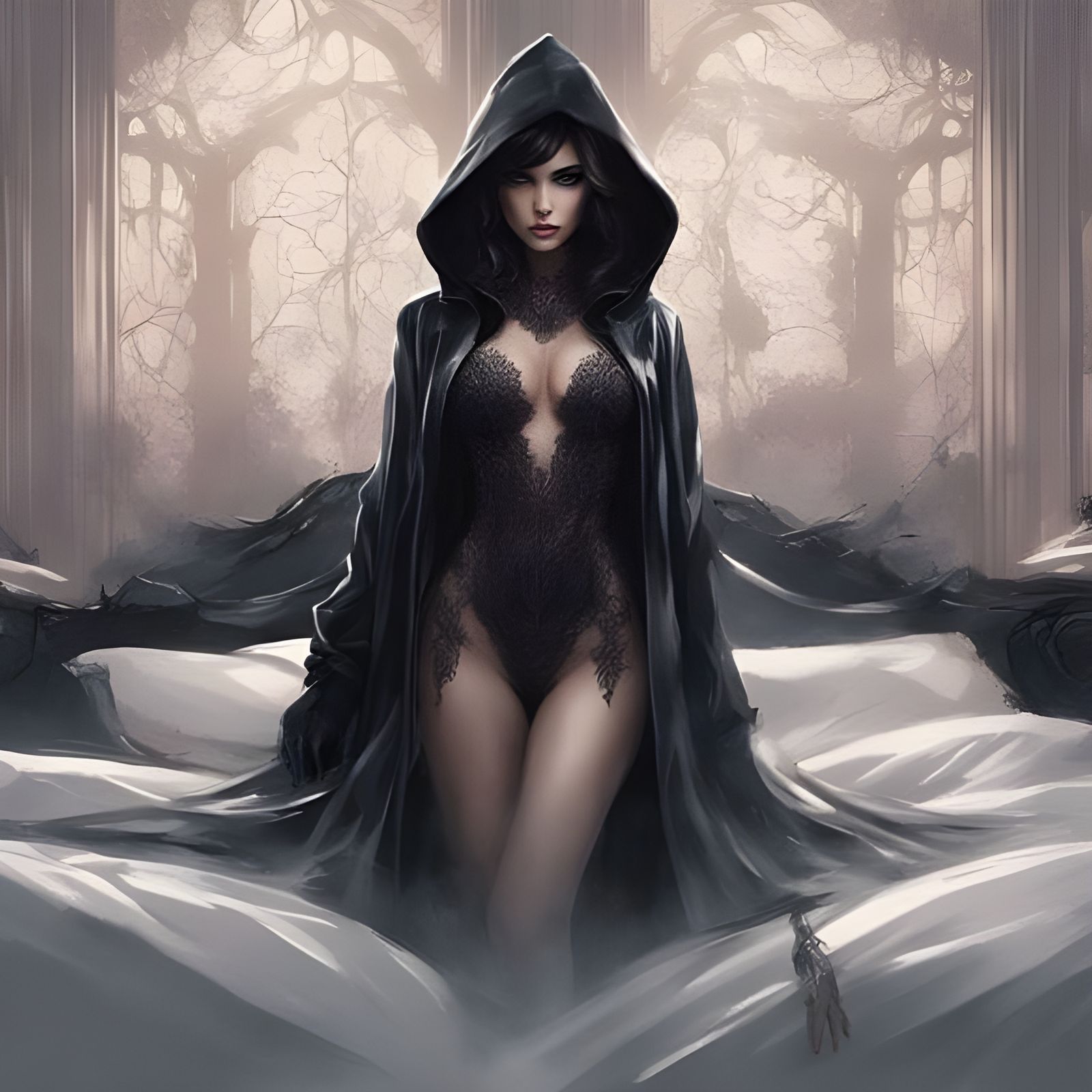 Dark-Haired Beauty in Latex Lingerie, Royo Style