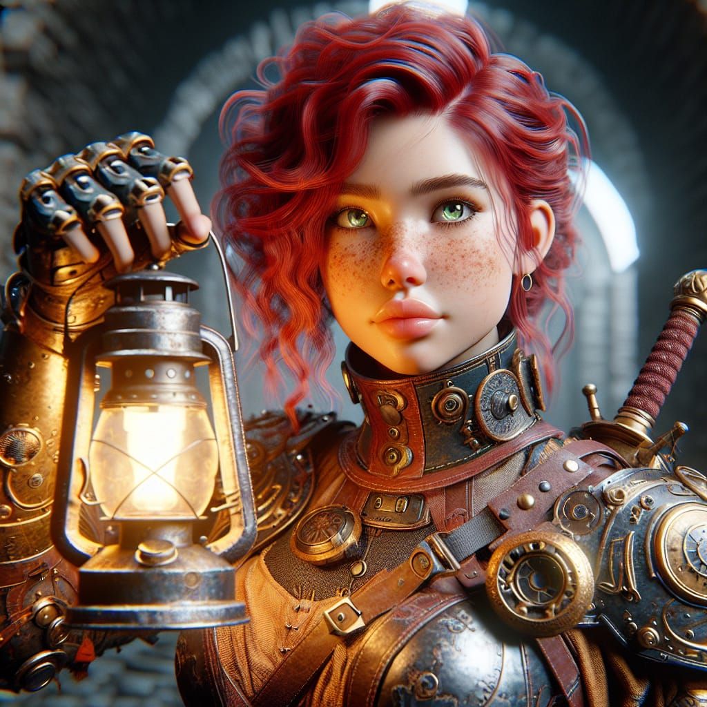 Steampunk Explorer with Lantern in Ruins